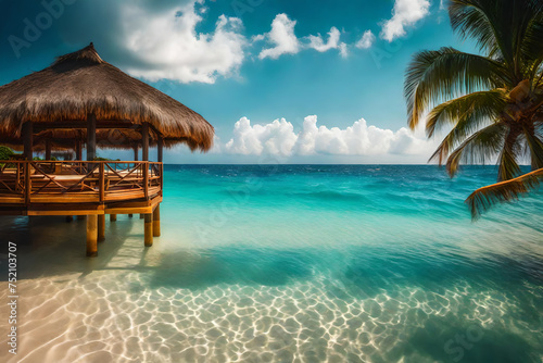 Paesaggio. In riva al mare spiaggia esotica  tropicale con palme. Viaggi e turismo al sole.