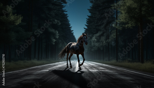 A black horse with a white spot on its forehead gallops along an asphalt road with forest on both sides on a sunny day