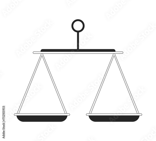 Justice scales bronze black and white 2D line cartoon object. Equality, inequality regulating plates isolated vector outline item. Stability equilibrium harmony monochromatic flat spot illustration