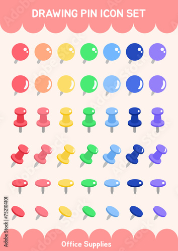 Rainbow Color Drawing Pins thumbtrack Post-it Note Memo Pin Set Pushpin Reminder Office Supplies Elements Stationery Vector Illustration