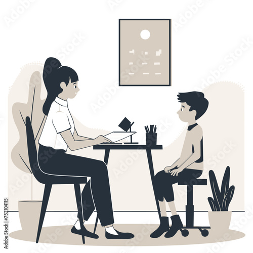 Woman mom sitting next to a child on a chair, woman psychologist working with a child, woman teacher working with a child, minimalist vector illustration