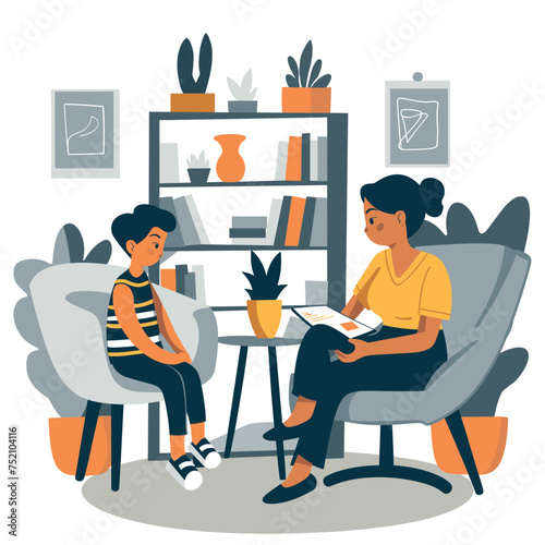 Woman mom sitting next to a child on a chair, woman psychologist working with a child, woman teacher working with a child, minimalist vector illustration