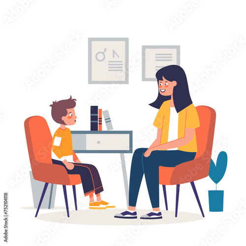 Woman mom sitting next to a child on a chair, woman psychologist working with a child, woman teacher working with a child, minimalist vector illustration