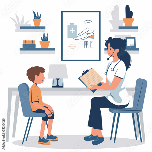 Woman mom sitting next to a child on a chair, woman psychologist working with a child, woman teacher working with a child, minimalist vector illustration
