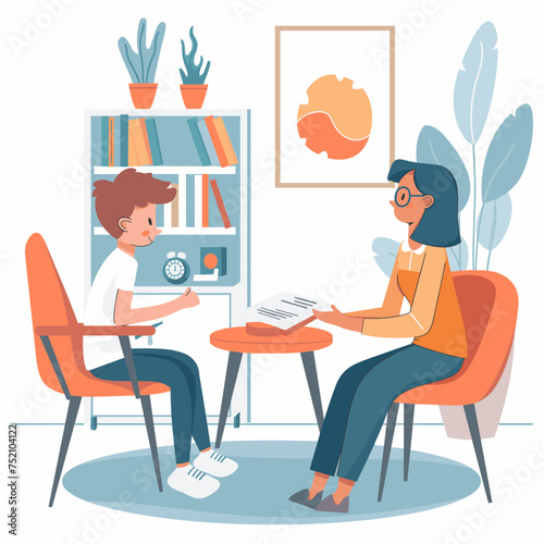 Woman mom sitting next to a child on a chair, woman psychologist working with a child, woman teacher working with a child, minimalist vector illustration