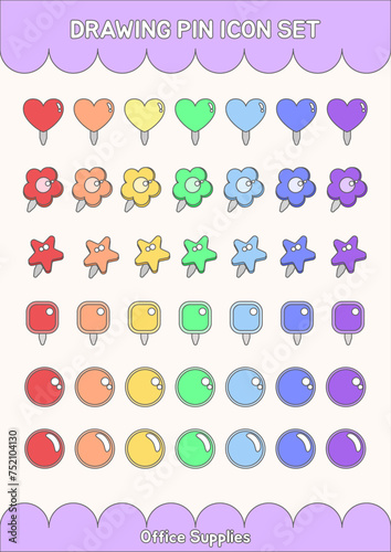 Rainbow Color Drawing Pins thumbtrack Post-it Note Memo Pin Set Pushpin Reminder Office Supplies Elements Stationery Vector Illustration