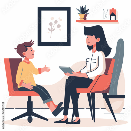 Woman mom sitting next to a child on a chair, woman psychologist working with a child, woman teacher working with a child, minimalist vector illustration