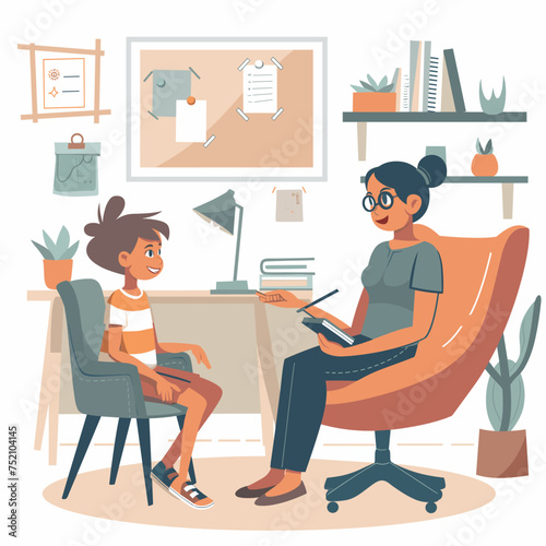 Woman mom sitting next to a child on a chair, woman psychologist working with a child, woman teacher working with a child, minimalist vector illustration