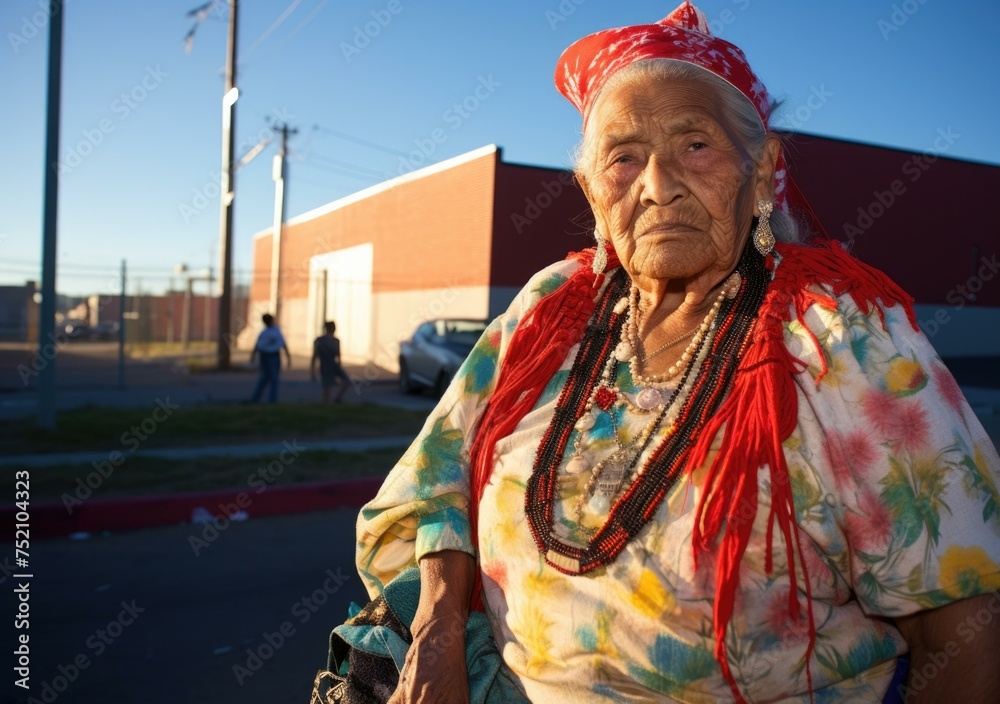 Fototapeta premium An old woman with a headdress and a red scarf. Generative AI.
