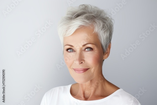 Portrait of a beautiful senior woman with grey hair against grey background