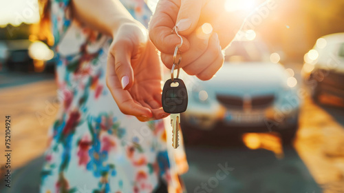 Buying a car. auto business, car sales, deal. Dealer giving car key to new owner in car showroom. Car rental, ren-a-car, driving courses, driving licence, car alarm remote control concept. photo