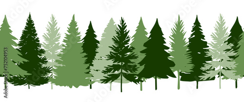 Evergreen pine and fir trees. Christmas and New Year horizontal vector seamless border