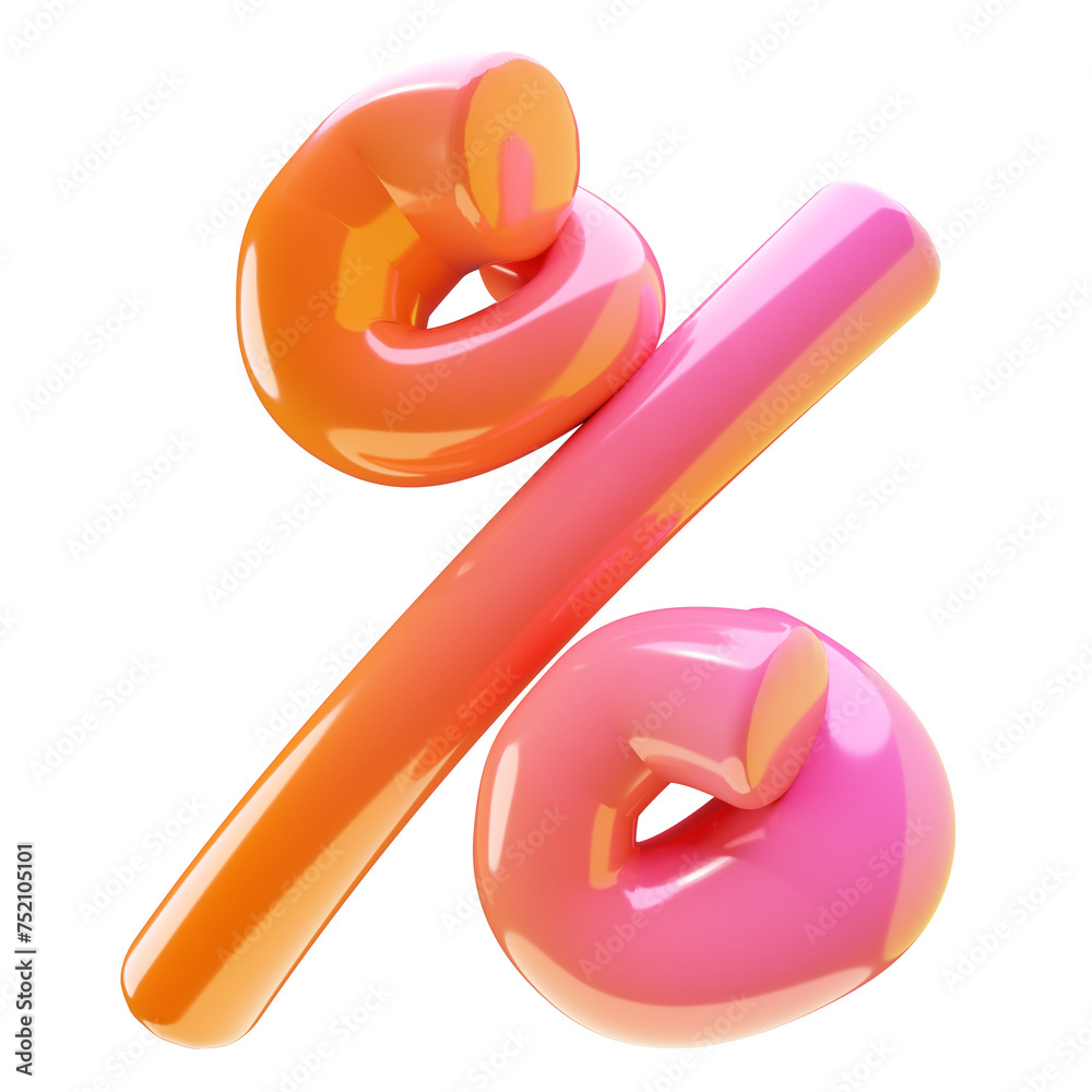 3D Glossy Plastic style Percent symbol, isolated in pink, orange colors