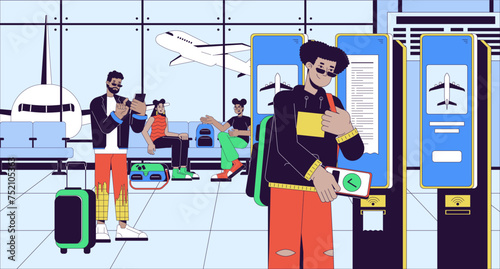 Airport passenger at self check in kiosk cartoon flat illustration. Waiting young adults 2D line characters colorful background. Travelers suitcases. Hallway terminal scene vector storytelling image
