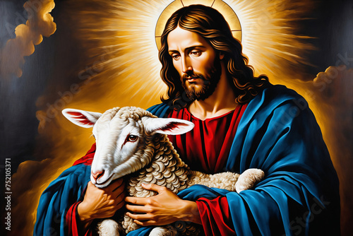 Ölgemälde von Jesus, dem guten Hirten, Gold, Schwarz, Blau, Rot und Grau Farben.