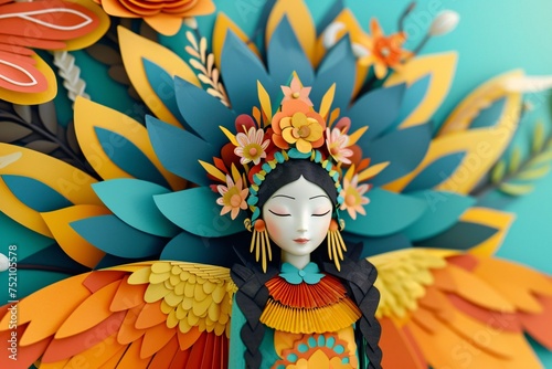 a paper doll with colorful feathers and flowers © Victor