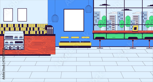 Coffee shop inside cartoon flat illustration. Cafeteria counter. Coffeeshop indoor 2D line interior colorful background. Diner eatery. Cafe bakery no people scene vector storytelling image