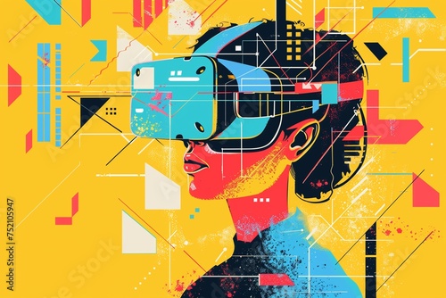 Colorful Illustration of a Woman wearing a VR Headset.