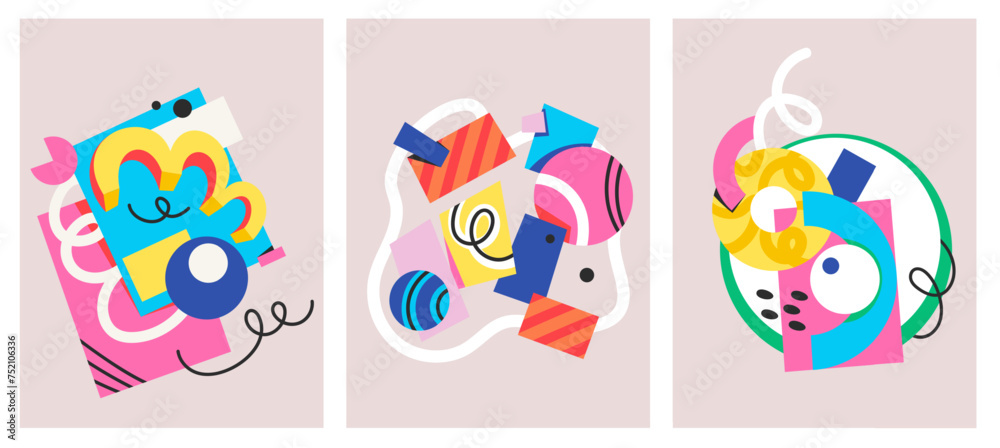 Groovy cartoon posters set with minimalistic collages of geometric shapes. Funny retro abstract backgrounds, doodle pattern and fun composition of psychedelic cartoon shapes vector illustration