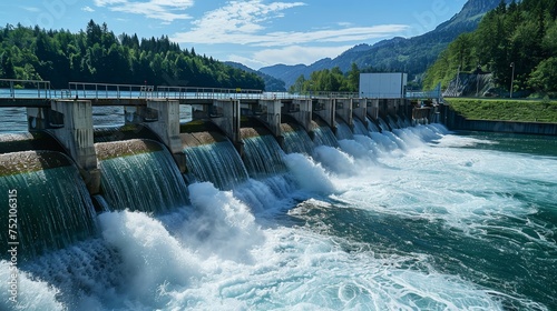 Sleek hydroelectric power plant with turbines, demonstrating the harmony of technology and nature in renewable energy