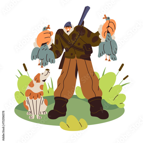 Happy hunter holds trophy, dead ducks in hands. Huntsman with shotgun behind back. Hunting with bird dog, pointer. Shooter success in chase prey. Flat isolated vector illustration on white background