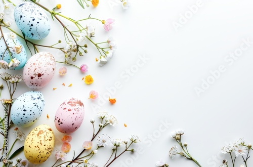 Colorful Easter Eggs and Spring Flowers on a Bright White Background