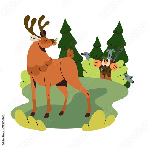 Hunting in forest. Deer stands on clearing. Hunter with dogs hide in bushes, watching beast, stalk to animal. Huntsman chases, tracks prey. Shooting season. Flat isolated vector illustration on white