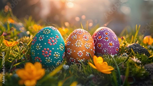 Colorful Easter eggs nestled among vibrant spring grass. photo
