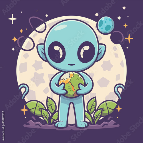 2d vector illustration chibi cute alien, holding sphere earth plant , full body , clean shape and line, white background, random moon background 