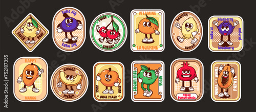 Groovy fruit characters on cartoon labels set. Funny retro healthy fruit with cute faces and hippie font text, mascot and trendy emblem collection, cartoon sticker of 70s 80s style vector illustration