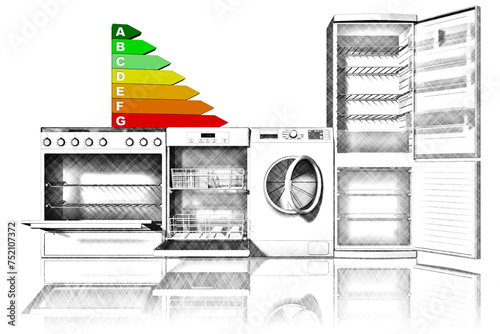 Elettrodomestici. Fornelli, lavastoviglie, lavatrice, frigorifero, con affiancato simbolo di risparmio energetico.. photo