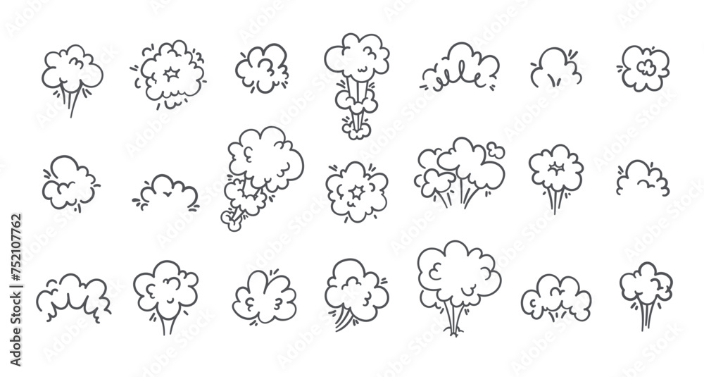 Smoke puff clouds icons set. Silhouettes of gas and steam explosion with speed trails, dust and fumes bubbles of round frame. Smoke in air collection of icons of doodle style vector illustration Smoke puff clouds icons set. Silhouettes of gas and steam explosion with speed trails, dust and fumes bubbles of round frame. Smoke in air collection of icons of doodle style vector illustration