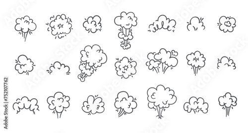 Smoke puff clouds icons set. Silhouettes of gas and steam explosion with speed trails, dust and fumes bubbles of round frame. Smoke in air collection of icons of doodle style vector illustration photo