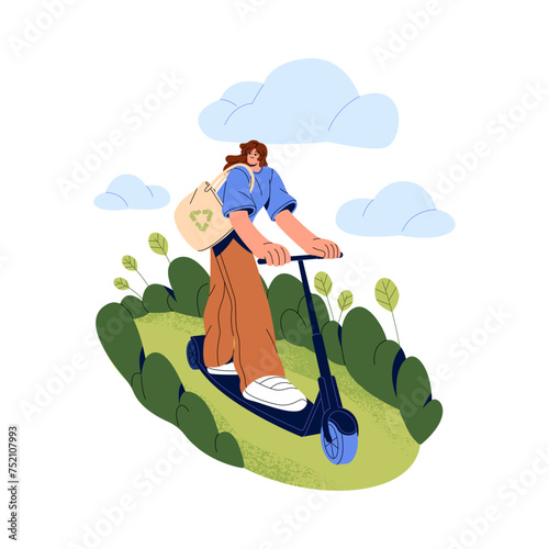 Happy girl with eco bag drives on electric kick scooter. Ecologic clean transport. People use sustainable city vehicle. Green ecology concept. Flat isolated vector illustration on white background