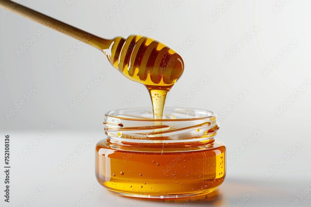 Closeup of honey dripping from a wooden dipper spoon in a glass jar isolated on white background Closeup of honey dripping from a wooden dipper spoon in a glass jar isolated on white background