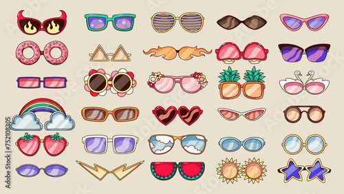 Groovy cartoon sunglasses set. Funny retro eyeglasses with different color and shape, trendy colorful accessory for hippy party, sunglasses stickers collection of 60s 70s style vector illustration photo