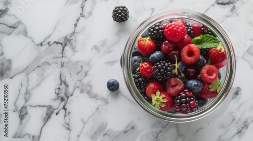 Blackberries, raspberries, strawberries and blueberries in a glass bowl on the marble countertop, table, fresh, mixed berries, mix