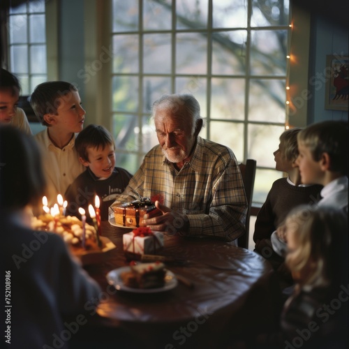 An elderly man sits at a table  surrounded by smiling grandchildren. He holds a gift in his hands  while a birthday cake with lit candles is placed nearby
