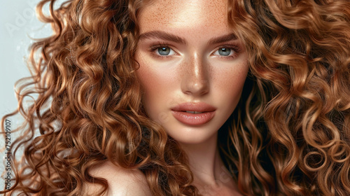 Model girl with shiny healthy glowing curly hair