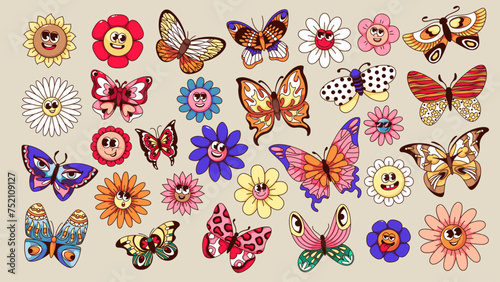 Groovy flower cartoon characters and butterfly set. Retro floral mascots and magic insects, cartoon flowers faces with different funny expressions and boho stickers of 70s 80s vector illustration