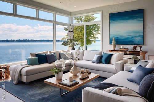Modern comfort meets maritime charm in a living room featuring aqua throw blankets, navy accent walls, and a panorama of summer skies through large windows © Danish
