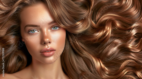 Model girl with shiny healthy glowing curly hair