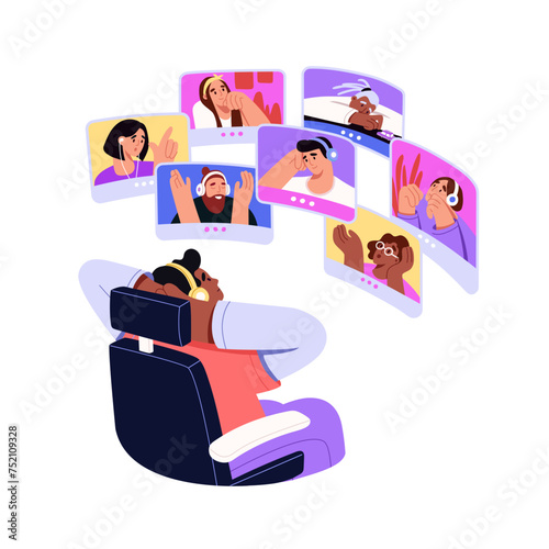 People chat at online conference. Friends communicate by video call. Digital communication of colleagues, business team on virtual meeting in web. Remote teamwork. Flat vector illustration on white