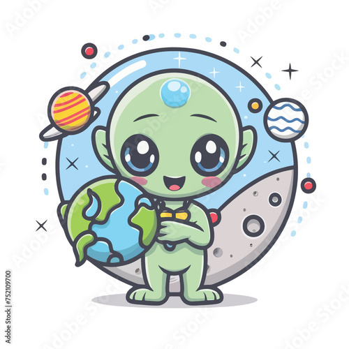 2d vector illustration chibi cute alien  holding sphere earth plant   full body   clean shape and line  white background  random moon background 