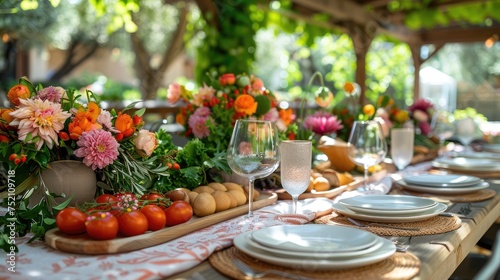 Outdoor Easter Dining Table Setting in Blooming Garden