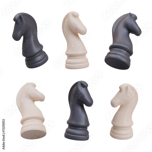 Set of black and white chess knights. Realistic game figures in different positions