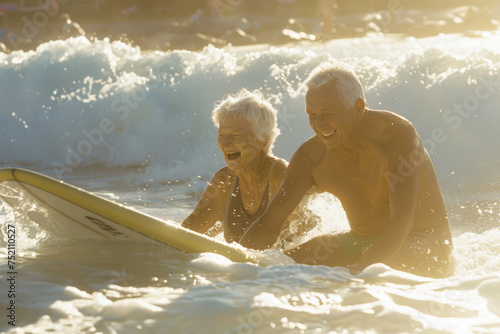 Elderly couple trying to surf together on a tropical beach during summer vaction. Bright sunlight with reflections on the water © Kmikhidov