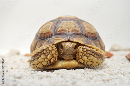 Cute small baby African Sulcata Tortoise in front of white background, African spurred tortoise isolated white background studio lighting,Cute animal