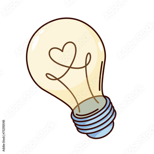Groovy cartoon light bulb with line filament of heart shape. Funny retro electric glass lamp, creative idea and innovation mascot, cartoon yellow bulb sticker of 70s 80s style vector illustration