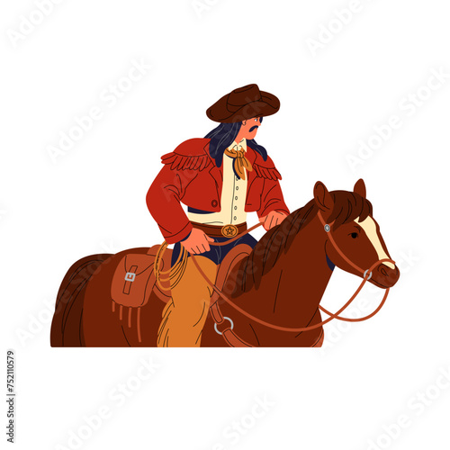 Cowboy in hat rides horseback. Western horseman holds snaffle, rider walking by horse. American wild west equestrian sits in saddle, looks back. Flat isolated vector illustration on white background